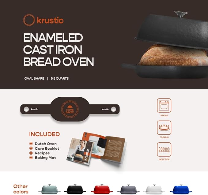 Enameled Cast Iron Dutch Oven for Professional Sourdough Bread Baking | 5.5 Quart Loaf Size Oval Cookware Pot with Lid | Triple-Layer Enamel Coating Pan with Non Stick Silicone Mat | Black