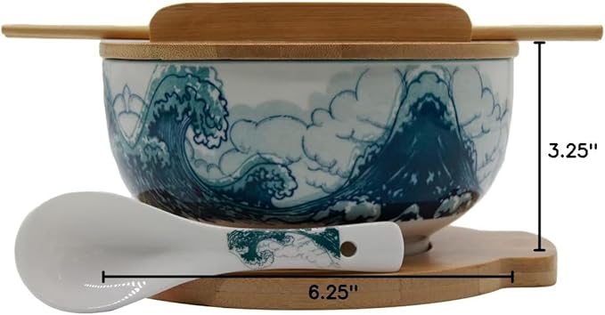 XWORLD Japanese Ceramic Ramen Noodle Bowls Set with Ceramic Spoon, Bamboo Chopsticks, Lid & Trivet, Serving Capacity of 33.8 OZ, Microwavable Oven Safety (3.3” x 6.6” D) (Blue Sea)