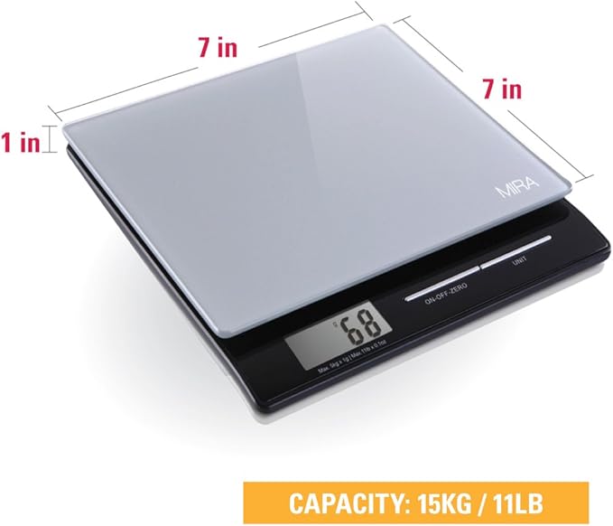 MIRA 11 lb Digital Food Scale - Glass Platform with Multi-Unit Measurement - Easy One-Touch Tare Function