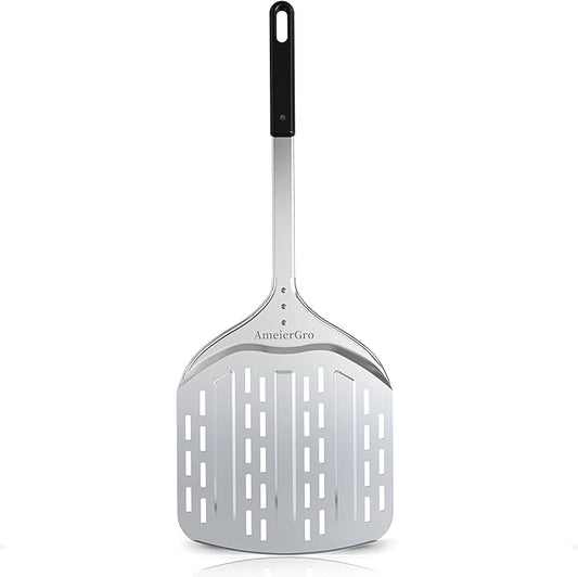 12" Perforated Pizza Peel, Long Handle(31") Anodised Aluminum Pizza Spatula Paddle, Pizza Oven Accessories for Pizza Stone/Grill
