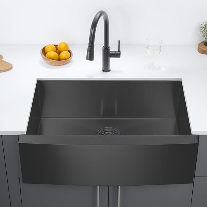Black Farmhouse Sink 33 Inch,16 Gauge Undermount Single Bowl 304 Stainless Steel Farmhouse Kitchen Sink, 9 Inch Deep Apron Front Gunmetal Black Farm Sink with drain