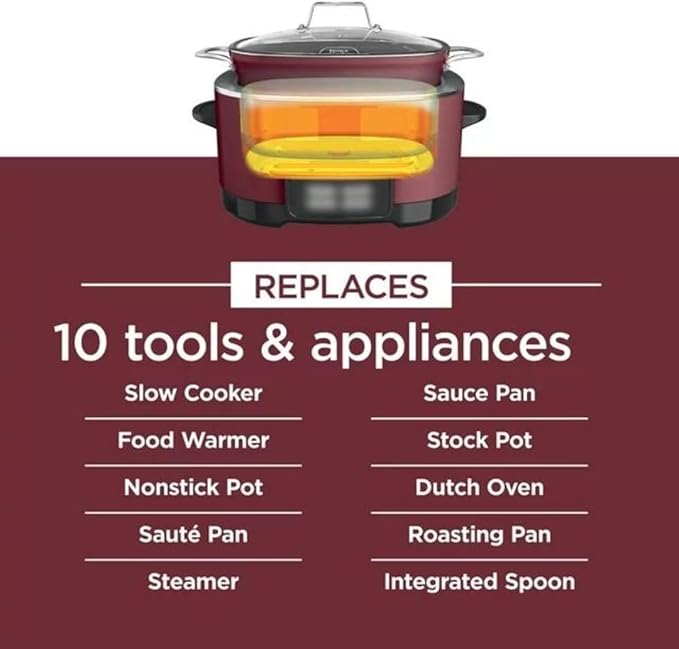 Ninja 10 in 1 PossibleCooker, 8.5 Qt, Electric Multi-Cooker, Slow Cooker, Dutch Oven, Steam Bake Roast Sear Sauté Bread Maker Warmer, Glass Lid, Integrated Spoon, Nonstick, Cherry (MC1000)