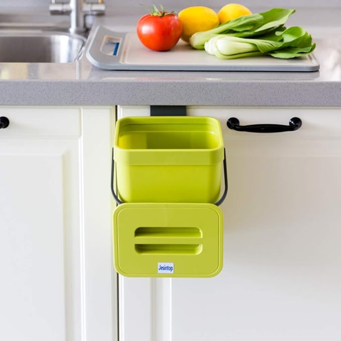 Counter Top Compost Bin with Lid for Kitchen Waste Food Scrap,Mountable Bathroom Hanging Small Trash Can Under Sink 1.3 Gal/5 L Series,Green