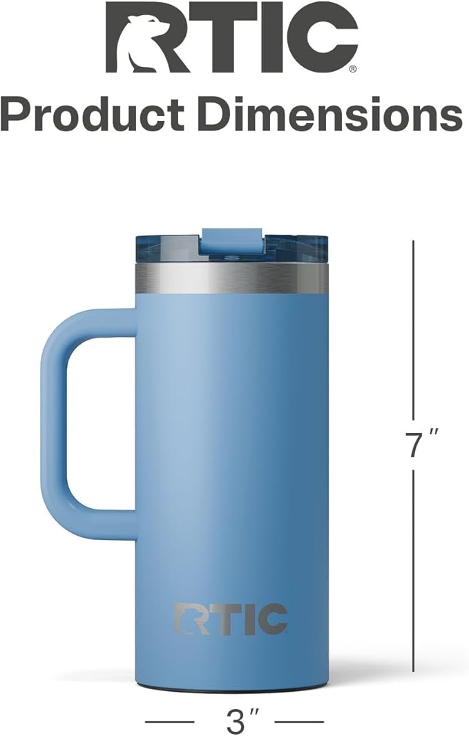 RTIC 16oz Road Trip Travel Mug with Lid and Handle, Insulated, Stainless Steel, Metal, Double Wall Vacuum-Insulation, Ceramic Lined, Portable Coffee, Tea Cup for Hot and Cold Drink, Denim