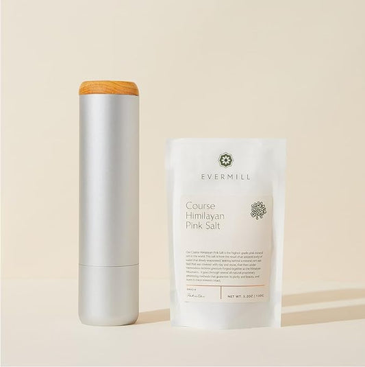 Evermill Premium Salt Mill with Coarse Himalayan Pink Salt, Anodized Aluminum Body, Wooden Cap, 26 Grind Settings, Manual Grinder (Silver)