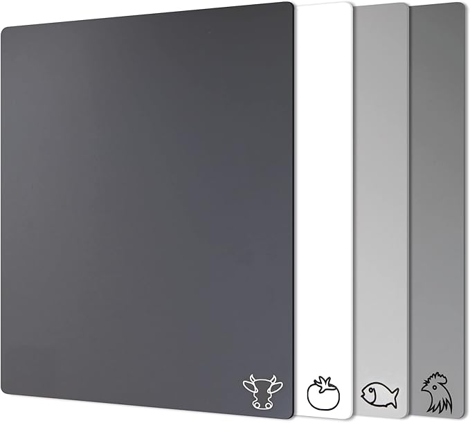 Fotouzy Plastic Cutting Boards with Food Icons, Flexible Cutting Mats, Set of 4, BPA-Free, Non-Porous, Non-slip Back and Dishwasher Safe, Modern Neutral Colors Gray