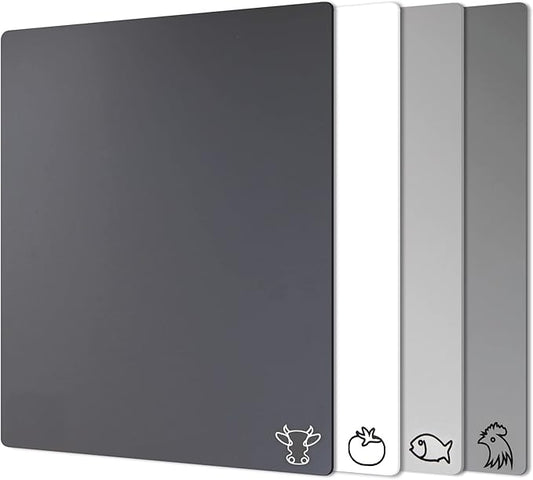Fotouzy Plastic Cutting Boards with Food Icons, Flexible Cutting Mats, Set of 4, BPA-Free, Non-Porous, Non-slip Back and Dishwasher Safe, Modern Neutral Colors Gray