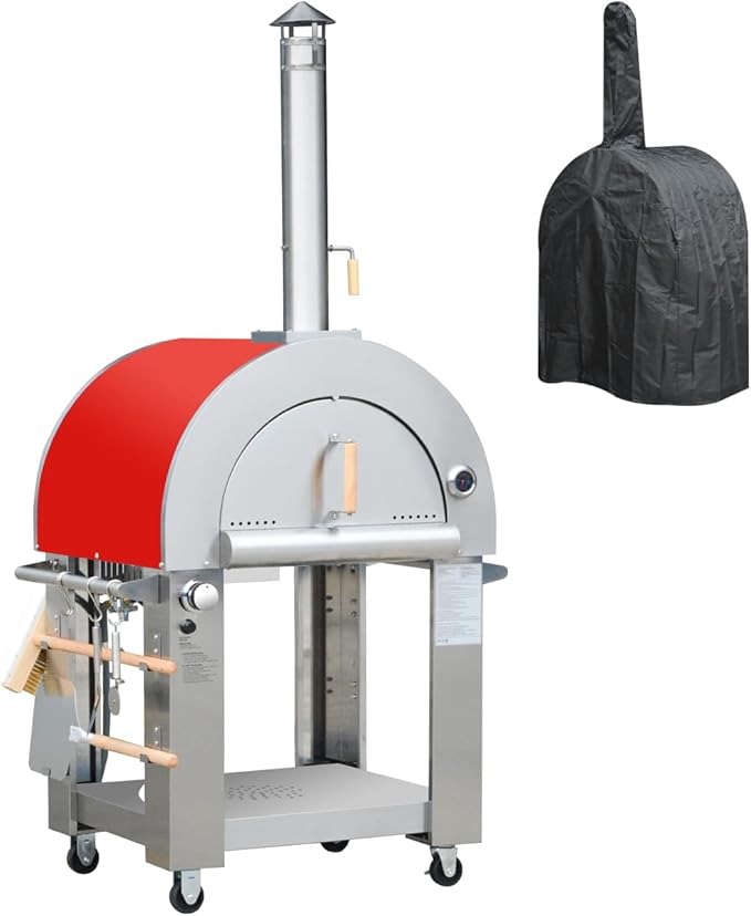 32.5 inch Wood Fired and Propane Gas Pizza Oven for Outdoor Kitchen in Stainless Steel, Large Pizza Oven for Outside, Yard and Party (Red with Cover)