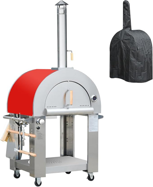 32.5 inch Wood Fired and Propane Gas Pizza Oven for Outdoor Kitchen in Stainless Steel, Large Pizza Oven for Outside, Yard and Party (Red with Cover)