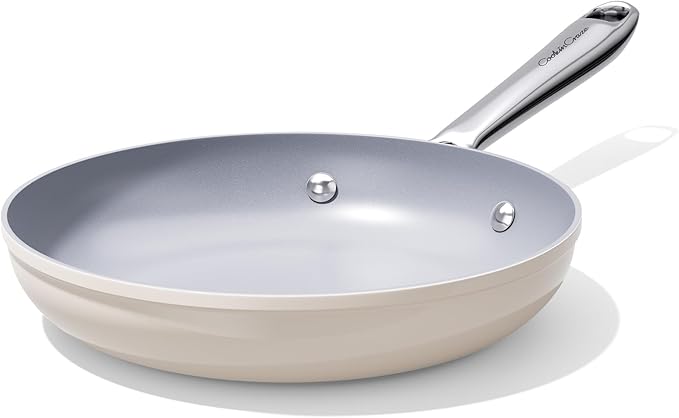 Nonstick Ceramic Frying Pan 10" Non Toxic Cooking Skillet for Eggs Pancakes & Stir Fry, Even Heat Distribution PTFE/PFOA/PFAS Free, Ergonomic Stainless Steel Handle Compatible, Cream