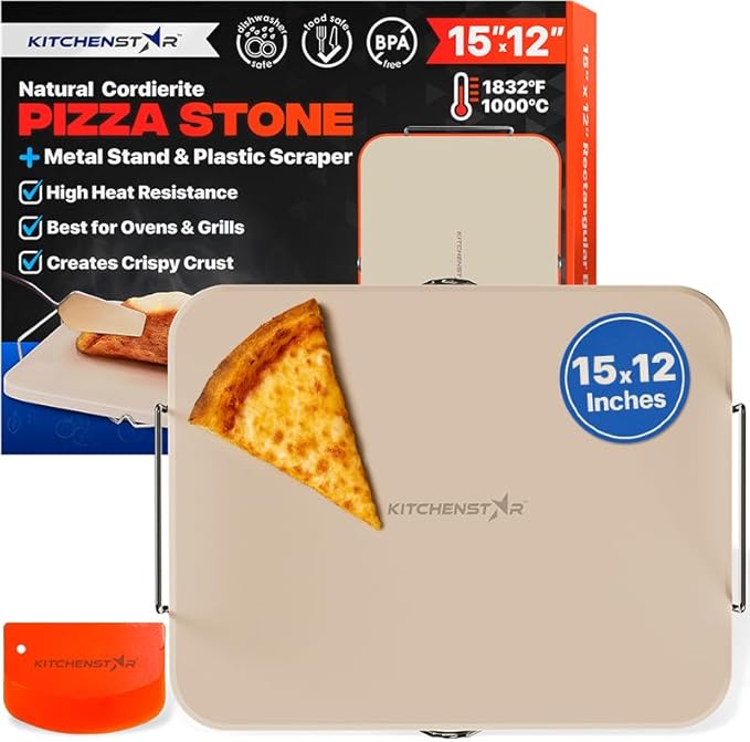 KitchenStar 15x12-inch Pizza Stone for Oven & BBQ Grill with Handles, Rectangular, 5/8" Thick - Natural Cordierite, 1800°F Resistant, Baking Stone Set with Stainless Steel Rack & Plastic Scraper Tool