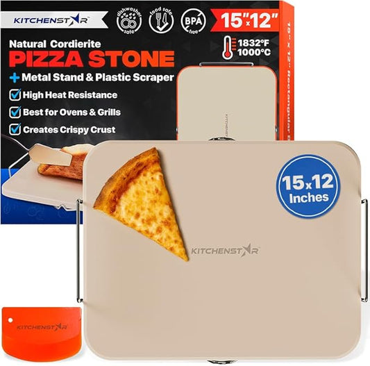 KitchenStar 15x12-inch Pizza Stone for Oven & BBQ Grill with Handles, Rectangular, 5/8" Thick - Natural Cordierite, 1800°F Resistant, Baking Stone Set with Stainless Steel Rack & Plastic Scraper Tool