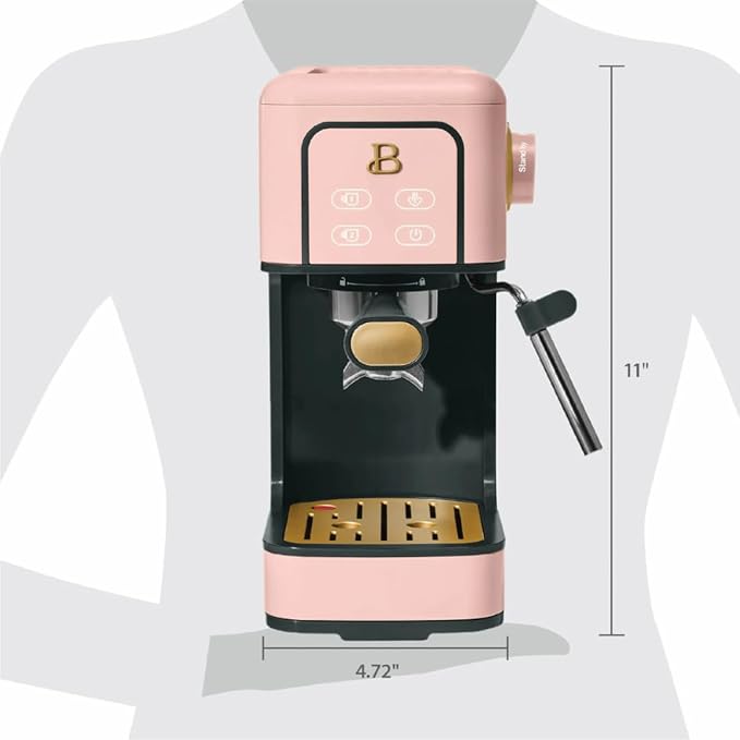 Beautiful Slim Espresso Maker by Drew Barrymore – 20‑Bar Pressure, Dual‑Spout 52 mm Portafilter, 50 oz Removable Tank, 2‑in‑1 Steam Wand & Touch Controls (Rose)