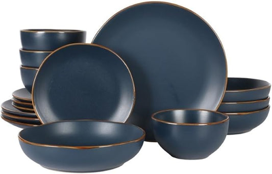 Gibson Home Hazeltine 16 Piece Plates and Bowls Dishes Stoneware Ceramic Dinnerware Set - Navy Blue