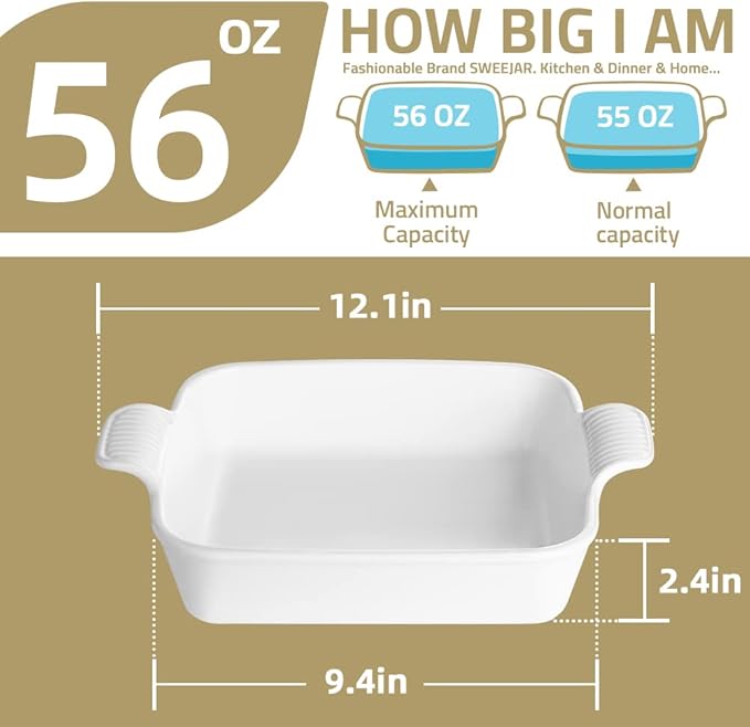 Sweejar Ceramic Baking Dish, 9 x 9 Cake Baking Pan for Brownie, Porcelain Square Bakeware with Double Handle for Casserole, Lasagna, Family Dinner (White)