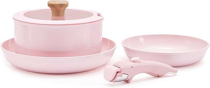 Hausfrau pink pots and pans set removable handle non stick, detachable handle ceramic cookware set kitchen cooking oven dishwasher safe, NO PFAS NO PTFE