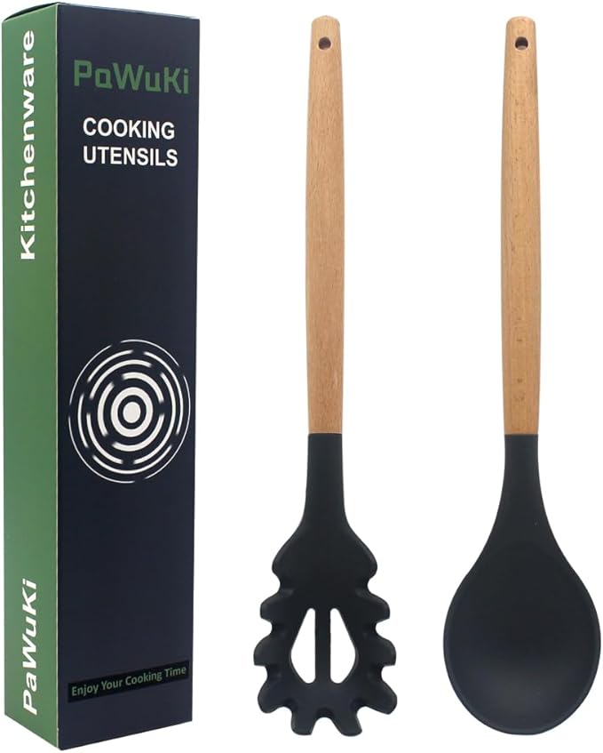 Silicone Pasta Fork and Silicone Cooking Spoon Set, Large Non Stick Kitchen Utensils for Cooking, Stirring, Serving Spaghetti, Soup, Sauce