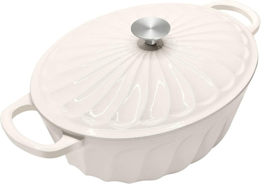 Enameled Oval Dutch Oven Pot with Lid, 7 QT Cast Iron Dutch Oven with Dual Handles for Cooking, Bread Baking, Frying, Non-stick Enamel Coated Oven (White)