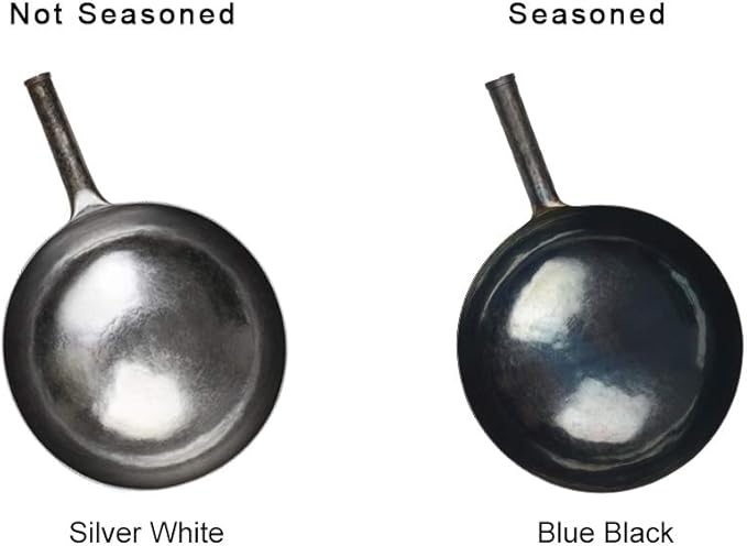 臻三环 ZhenSanHuan Chinese Hand Hammered Iron Woks and Stir Fry Pans, Non-stick, No Coating, Carbon Steel Pow (36CM, BlueBlack Seasoned with help handle)