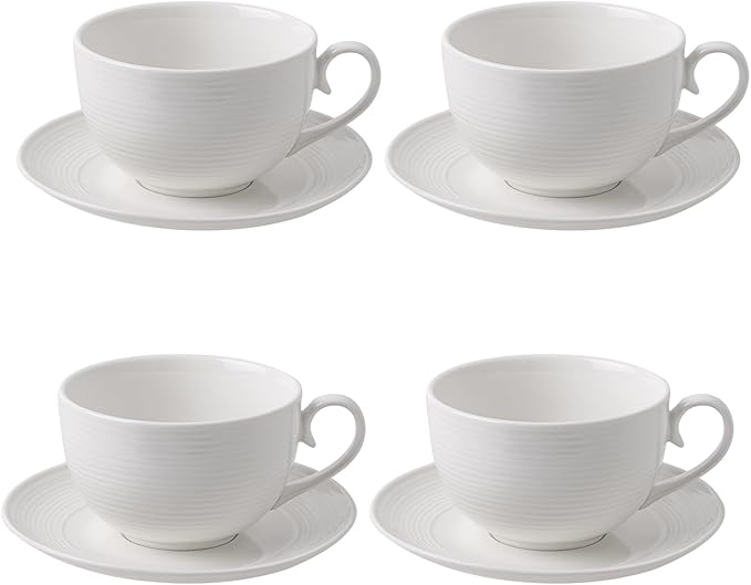 10 oz Cappuccino Cups with Saucers, Ceramic Espresso Coffee Cups Set of 4, White Latte Cup and Saucer, Elegant Tea Mugs Set, Microwave Dishwasher Safe Drinkware for Cafe, Housewarming Gift