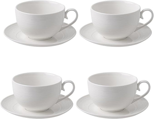 10 oz Cappuccino Cups with Saucers, Ceramic Espresso Coffee Cups Set of 4, White Latte Cup and Saucer, Elegant Tea Mugs Set, Microwave Dishwasher Safe Drinkware for Cafe, Housewarming Gift
