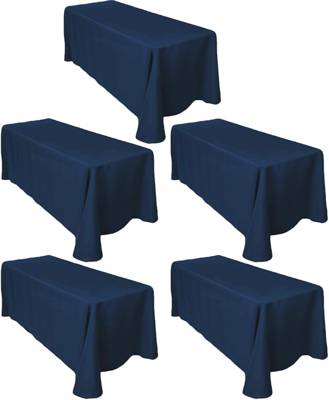 LTC LINENS 5-Pack Rectangular Tablecloths 90 x 156 in with Rounded Corners - Navy Blue Table Covers for 8 ft Table with Floor-Length Drop - Wrinkle Resistant Polyester Fabric Cloth for Wedding, Party