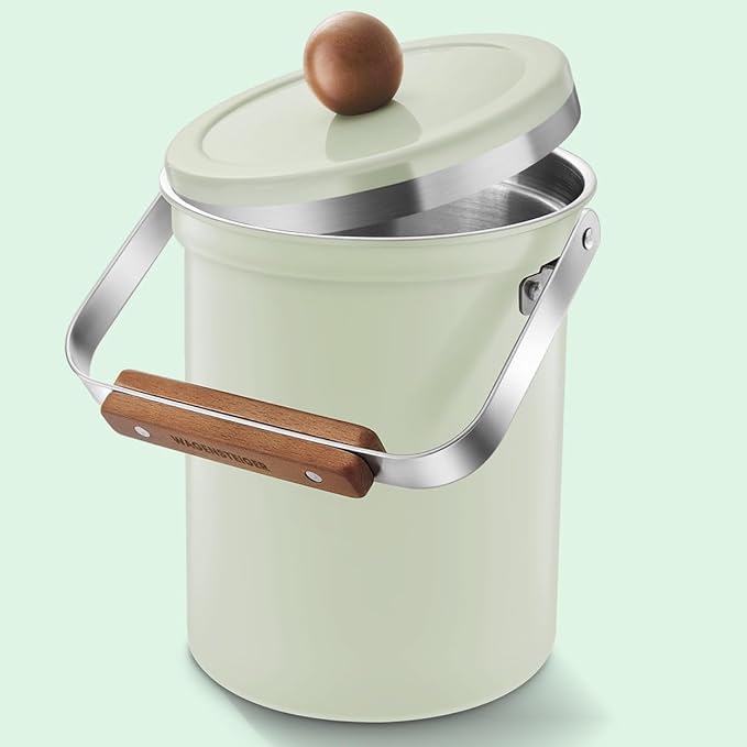 Kitchen Countertop Compost Bin 101Ounces / 3Liter with Airtight Lid, SUS304 Stainless Steel Odor-Free Food Waste Bin with Wooden Handle Stylish Design/Bathroon Trash Can (Mint Green)