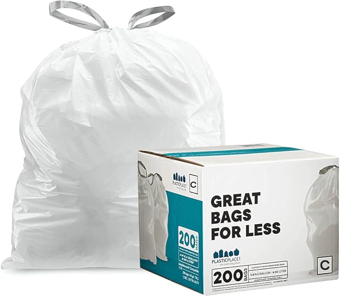 Plasticplace Trash Bags Compatible with simplehuman Code C (200 Count) White Drawstring Garbage Liners 2.6-3.2 Gallon / 10-12 Liter, 14.75" x 20"