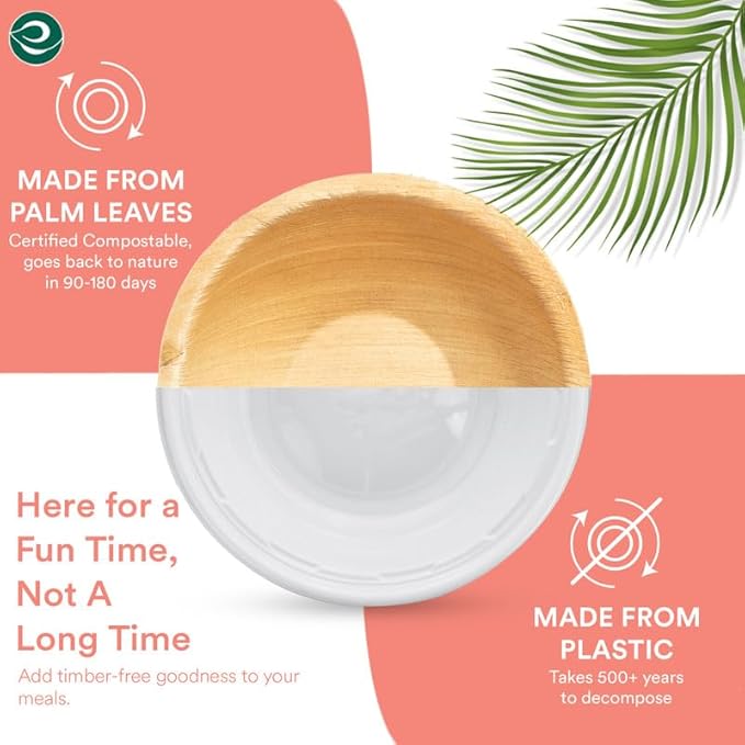 ECO SOUL 100% Compostable, Biodegradable, Disposable Palm Leaf Bowls, Like Bamboo Bowls, Eco-friendly | Sturdy, Microwave & Oven Safe (50, Large 6" (16 Oz) | Round)