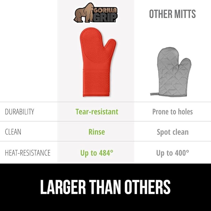 GORILLA GRIP BPA-Free Soft Silicone Oven Mitts, Heat Resistant and Waterproof Cooking Gloves, Thick Cotton Lining, Flexible Gripping for Baking Grilling, Kitchen Potholders Set of 2, 12.5x8.3, Coral