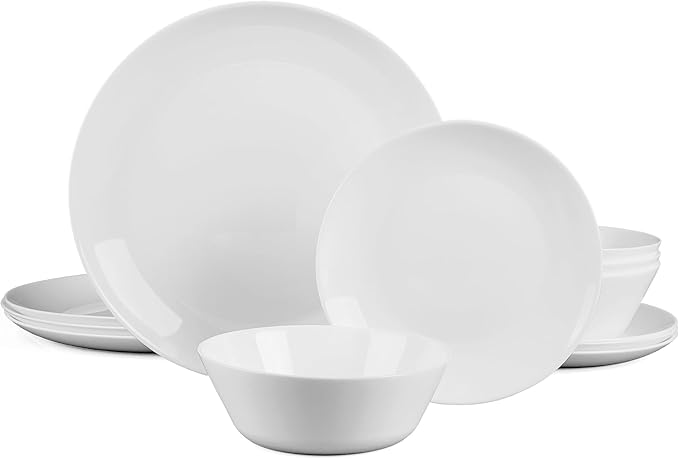 Dinnerware Sets for 4, LaGlint 12 Pieces Opal Glass Plates and Bowls Set, Dishwasher and Microwave Safe Dish Dinning Ware, Chip and Scratch Resistant Dishware White