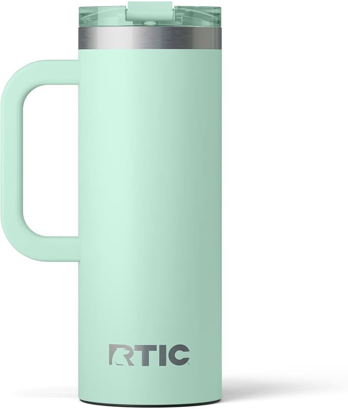 RTIC 20oz Road Trip Travel Mug with Lid and Handle, Ceramic Lined, Insulated, Stainless Steel, Metal, Double Wall Vacuum-Insulation, Portable Coffee, Tea Cup for Hot and Cold Drink, Fresh Mint