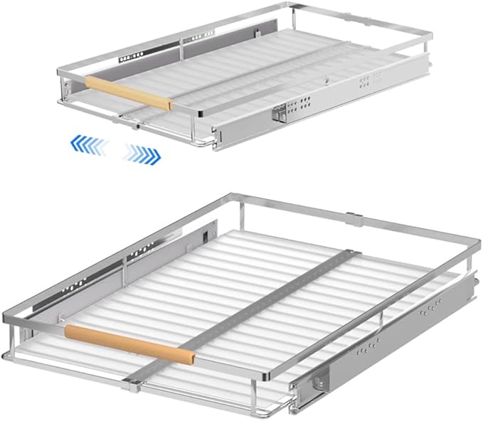 Pull Out Cabinet Drawer Organizer, Heavy Duty Slide Out Pantry Shelves Sliding Drawer Storage for Bathroom, Home, Kitchen, 2 Pack Chrome 22''Deep