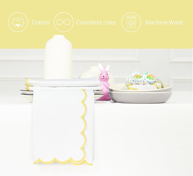 PurpleEssences Scalloped Embroidery Cloth Napkins Christmas Holiday Winter Table Decor 100% Cotton Set of 4-18 x 18 inch - White - Edges - Yellow