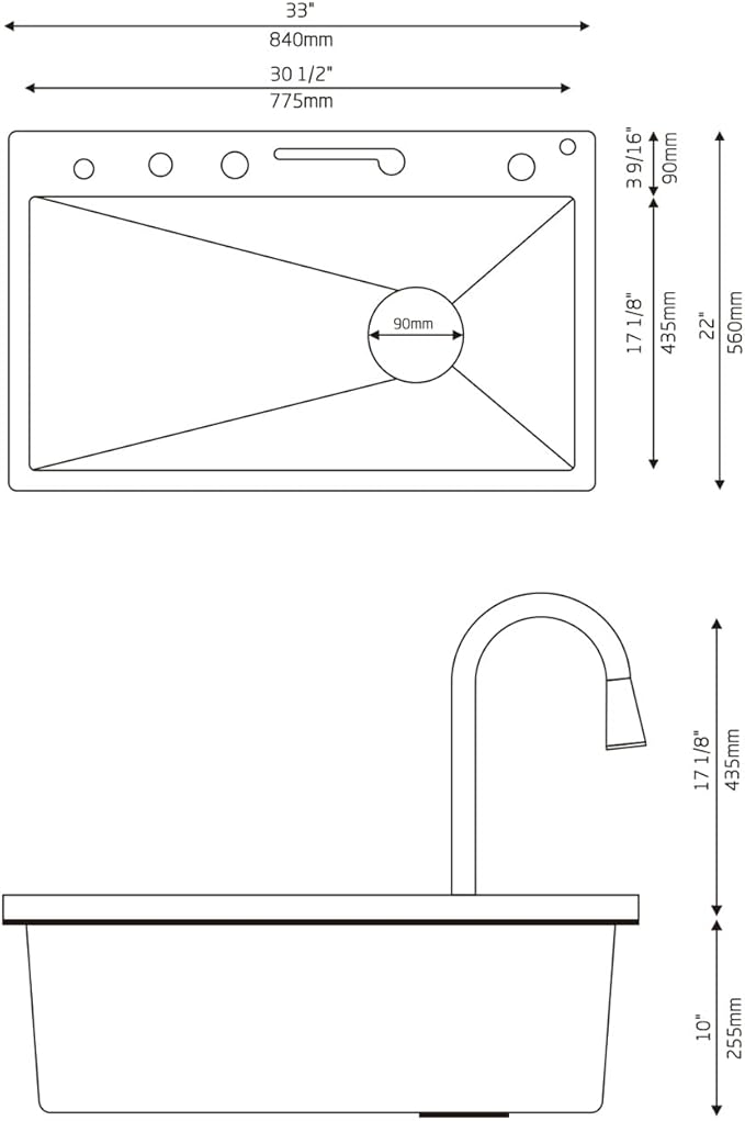 Lefton 33"x22" Single Bowl Stainless Steel Kitchen Sink KS2206L with 1/2 HP Continuous Feed Garbage Disposal LGD-513