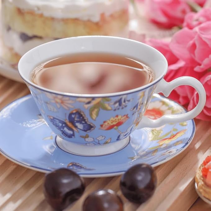 Aynsley Cottage Garden Windsor Fine Bone China English Tea Cup and Saucer Set, 7.4 oz(Blue)