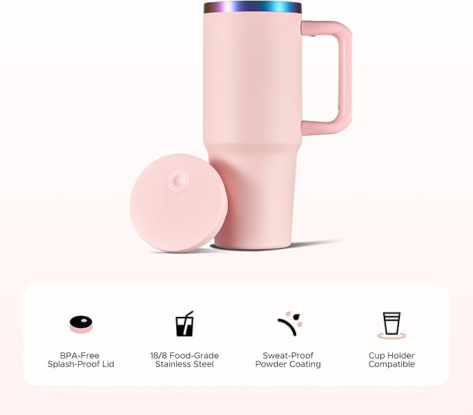 OMTech 30 oz. Tumblers with Handle & Lid, 12 Pack Tumbler Bulk with Double Wall Vacuum Insulation, Food-Grade Stainless Steel Insulated Coffee Mug, Sweatproof Travel Mug for Hot Cold Drinks, Pink