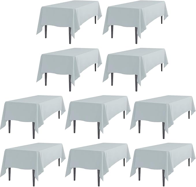 LTC LINENS 10 Pack Rectangular Tablecloths Silver 70 x 120 Inch for 6 or 8 ft Rectangle Banquet Tables with Half-Drop - Stain and Wrinkle Resistant Polyester Cloth Table Covers for Wedding, Party