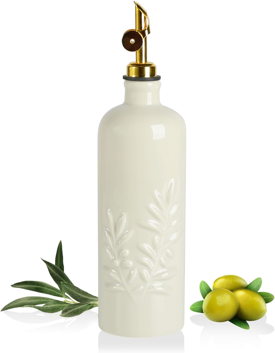 Sweejar 18 Oz Oil Dispenser for Kitchen with Gravity Spout, Ceramic Olive Oil Dispenser Bottle, Relief Opaque Vinegar Container for Evoo, Vinegar, Soy Sauce, Pack of 1(Beige, Gold Spout)