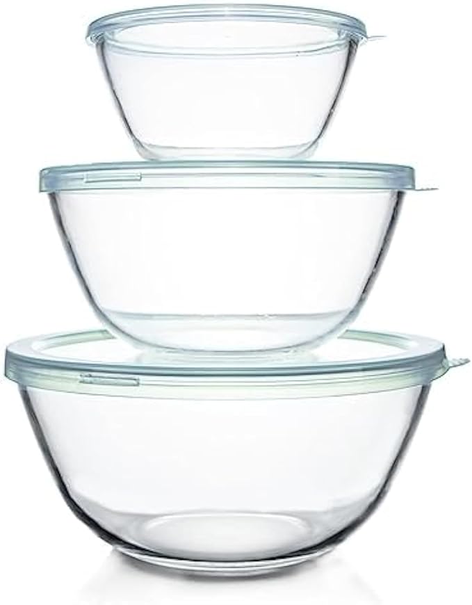 Luvan Glass Mixing Bowls with Lids Set(4.5QT, 2.7QT, 1.1QT)-Large Glass Mixing Bowls, Clear Salad Bowl for Baking, Cooking, Serving, Food Prep, 3PC Nesting Bowls for Kitchen Storage & Dishwasher Safe