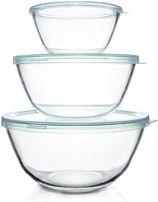 Luvan Glass Mixing Bowls with Lids Set(4.5QT, 2.7QT, 1.1QT)-Large Glass Mixing Bowls, Clear Salad Bowl for Baking, Cooking, Serving, Food Prep, 3PC Nesting Bowls for Kitchen Storage & Dishwasher Safe