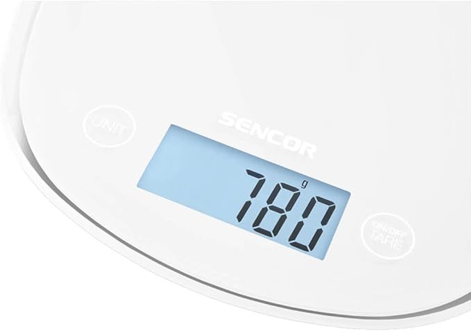 Sencor Digital Kitchen Scale with Large Backlit LCD Display and Touch Control Sensors, Small, Snowdrop White