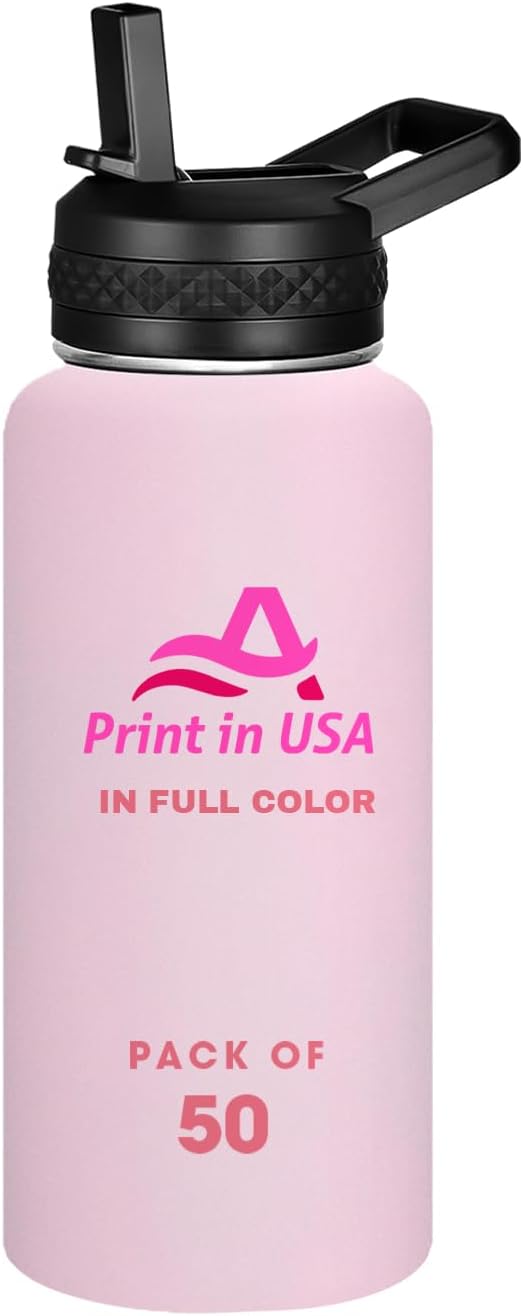 Personalized Custom Print in USA Water Bottle 50Pcs 32oz Stainless Steel Double Wall Coffee Cup with Lid & Straw Insulated Tumbler with Colorful Text Logo Photo