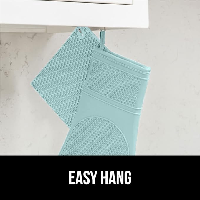 GORILLA GRIP BPA-Free Soft Silicone Oven Mitts and Pot Holders Sets of 4, Heat Resistant Waterproof Cooking Gloves, Thick Cotton Lining, Flexible Gripping for Baking Grilling, Kitchen Trivets, Mint