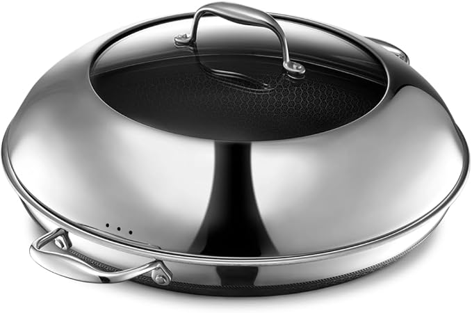 HexClad Hybrid Nonstick 5-Piece Cookware Set, 14" Pan with Lid, 14" Wok with Lid, and 7" Santoku Knife, Stay-Cool Handles, Dishwasher and Oven-Safe, Induction Ready, Compatible with All Cooktops