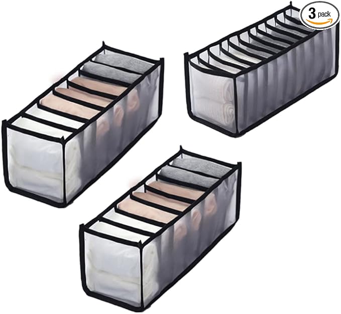 HSLFUAI Pack of 3 Mesh Drawer Organizer Underwear Drawer Organizer Socks Compartment Storage Mesh Clothing Sorting Drawer Divider Organizer(7Grids+7Grids+11Grids)