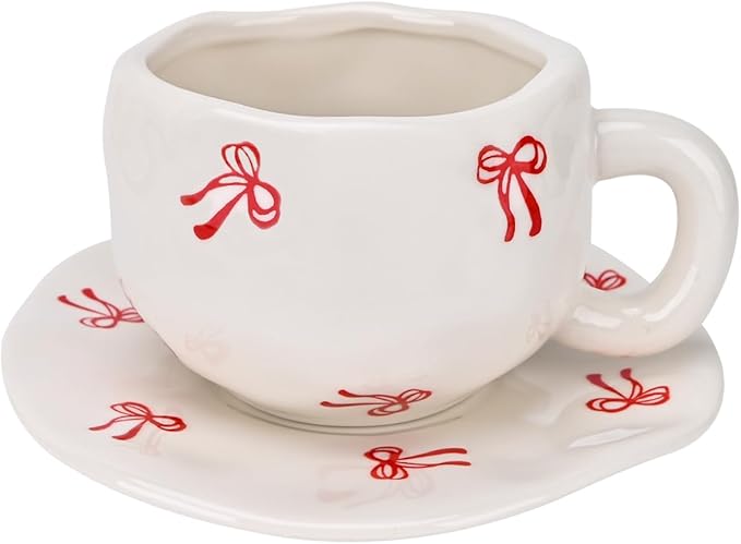 Koythin Ceramic Coffee Mug with Saucer Set, Cute Creative Bow Cup Unique Irregular Design for Office and Home, 10 oz/300 ml for Latte Tea Milk