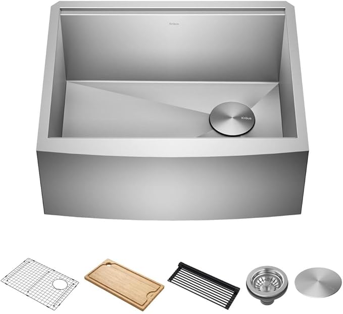 KRAUS Kore 24-Inch Farmhouse Workstation 16 Gauge Single Bowl Stainless Steel Kitchen Sink with Accessories, KWF210-24