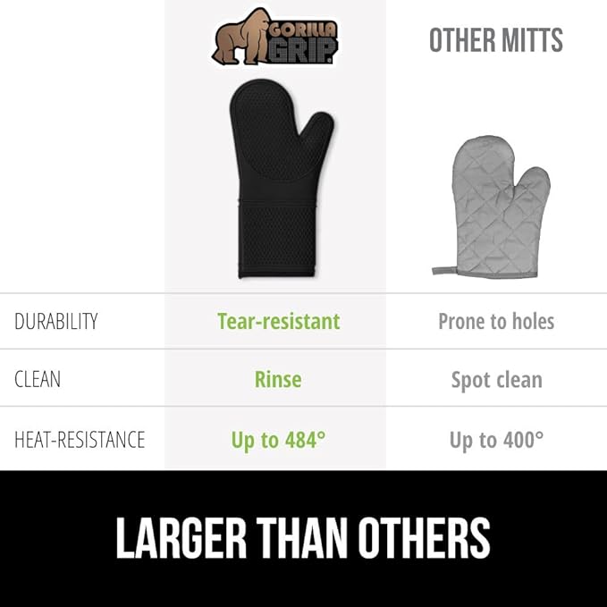 GORILLA GRIP BPA-Free Soft Silicone Oven Mitts, 14.5x8.3, Heat Resistant and Waterproof Cooking Gloves, Thick Cotton Lining, Flexible Gripping for Baking Grilling, Kitchen Potholders Set of 2, Black