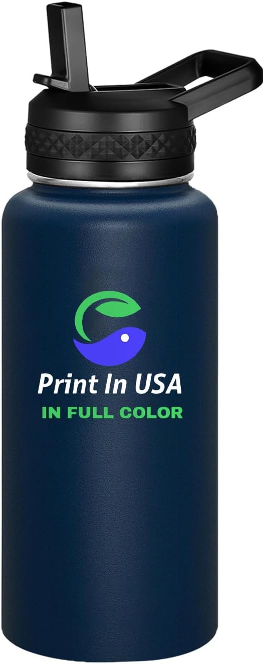 Personalized Custom Print in USA Water Bottle 32oz Stainless Steel Double Wall Coffee Cup with Lid & Straw Insulated Tumbler with Colorful Text Logo Photo